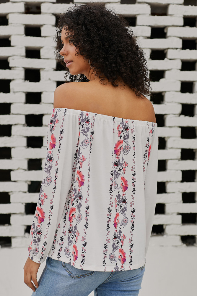 White Floral Print Elastic Off Shoulder Top