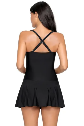 Solid Black Swimdress with Attached Shorts