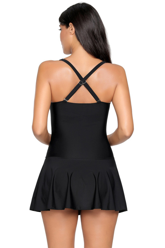 Solid Black Swimdress with Attached Shorts