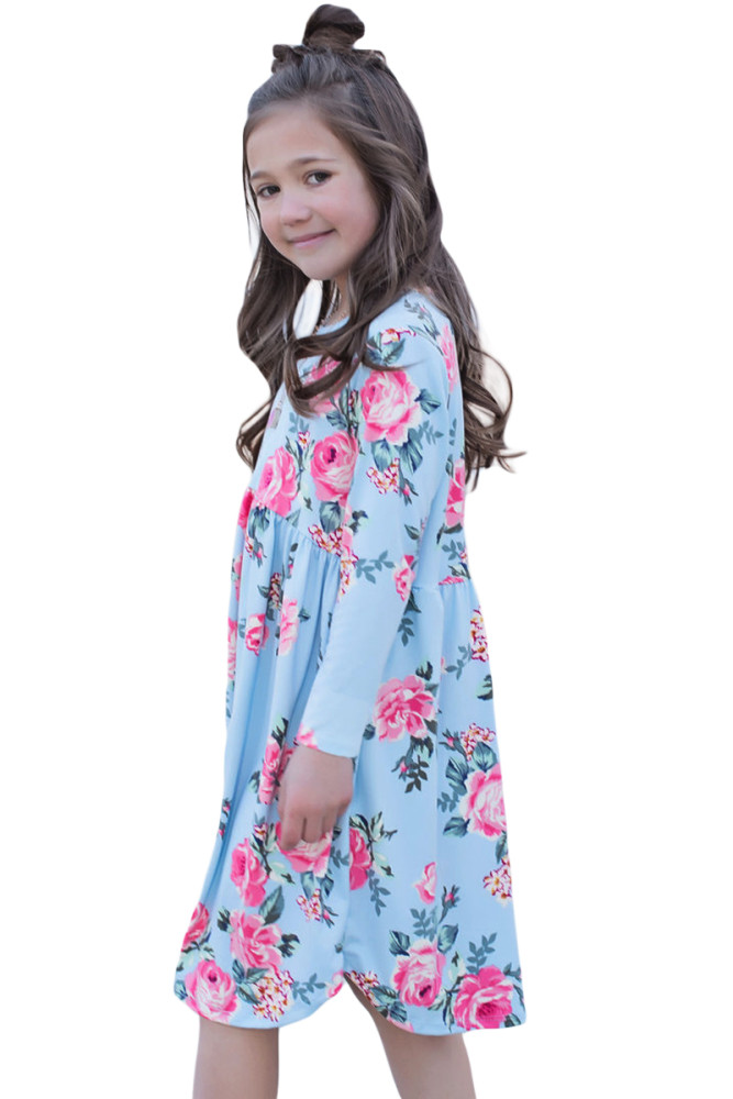 Floral Light Blue Swing Dress with Hidden Pockets