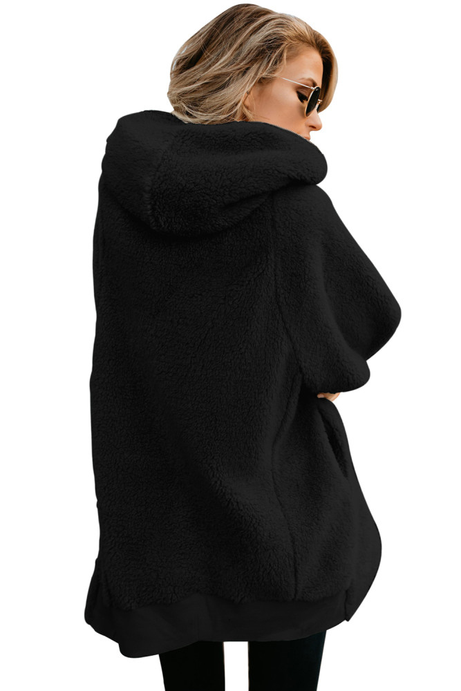Black Zip Down Hooded Fluffy Coat