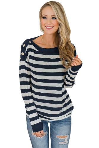 Button On Shoulders Navy Striped Long Sleeve Top
