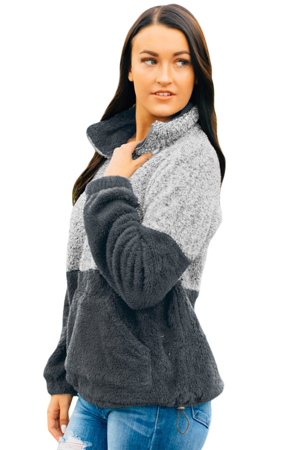 Double Gray Color Block Zip High Neck Fleece Sweatshirt