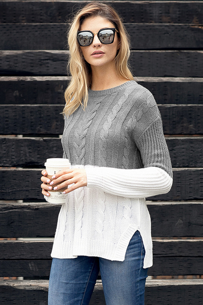 Gray White Colorblock Cable Knit Sweater