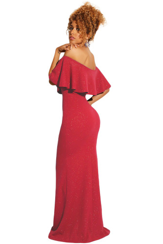 Red Ruffled Poncho Shiny Off Shoulder Party Gown