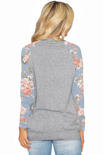 Blue Floral Patchwork Kangaroo Pocket Sweatshirt