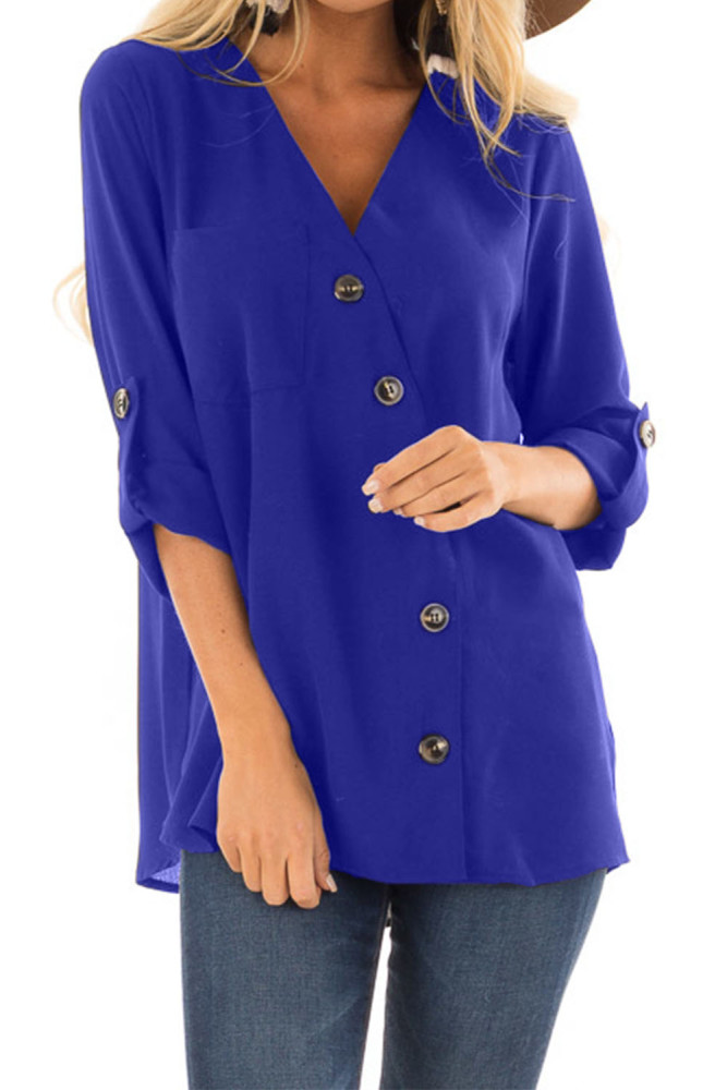 Blue Asymmetrical Button up Top with Roll up Sleeves