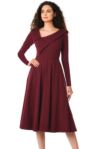 Burgundy Retro Inspired Asymmetric Collar Flared Dress