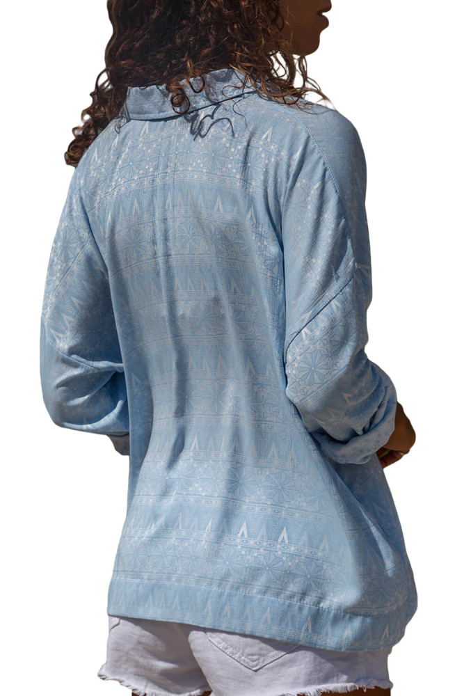 Light Blue Graphic Geometry Button Down Blouse