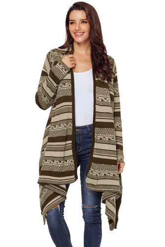 Coffee Draped Azetc Print Open Front Cardigan