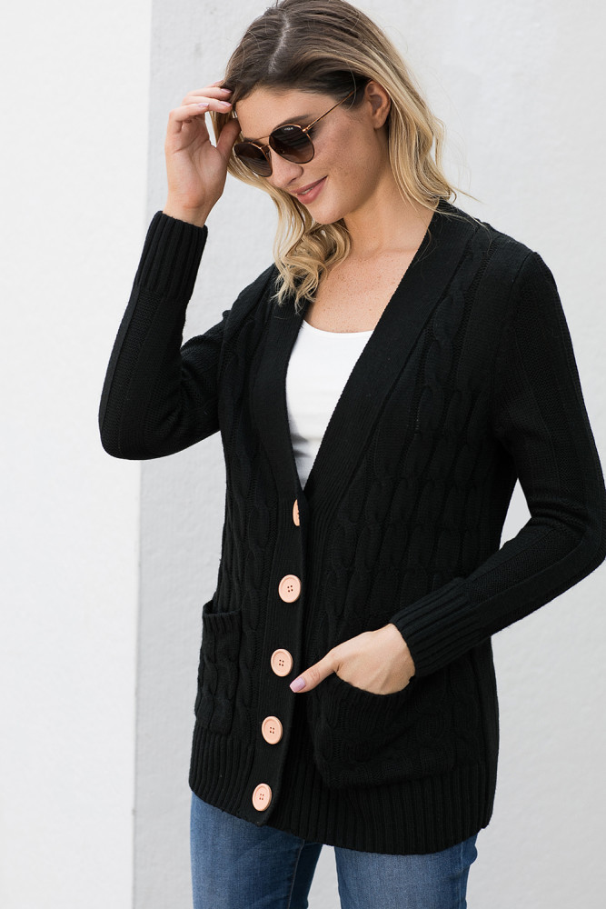 Black Wooden Button Cardigan