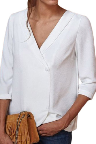 White Button Back Lapel V Neck Blouse