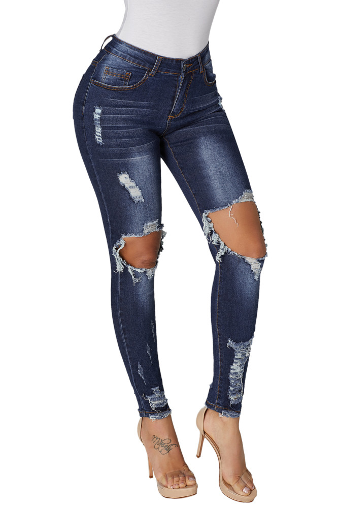 Dark Blue Destroyed Skinny Jeans