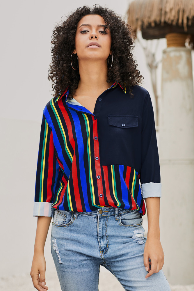 Black Colorblock Long Sleeve One Pocket Shirt