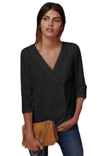 Black Button Back Lapel V Neck Blouse