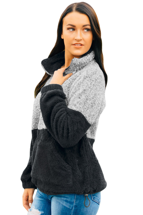 Black Gray Color Block Zip High Neck Fleece Sweatshirt