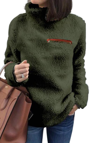 Army Green Plush Pullover Stand Collar Sweatshirt