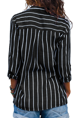 Black Striped Roll Tab Sleeve Button Shirt
