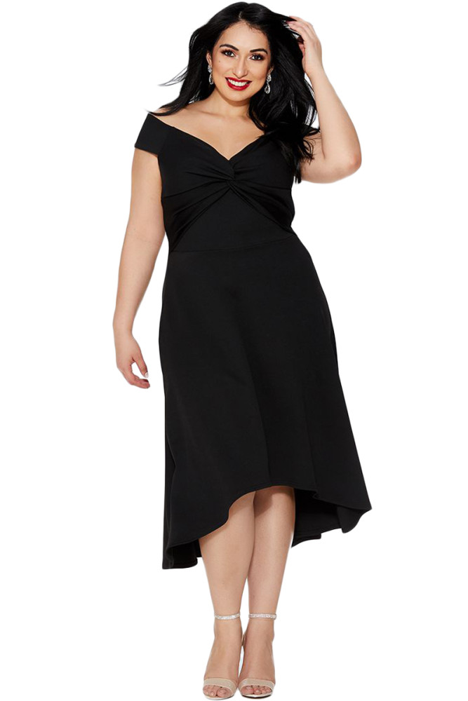 Black Plus Size Dip Hem Knot Front Evening Dress