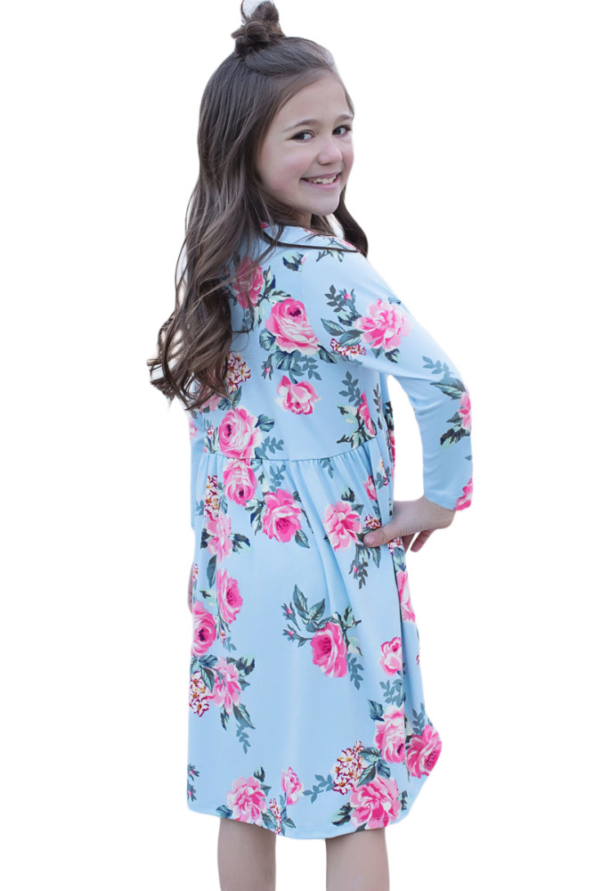 Floral Light Blue Swing Dress with Hidden Pockets