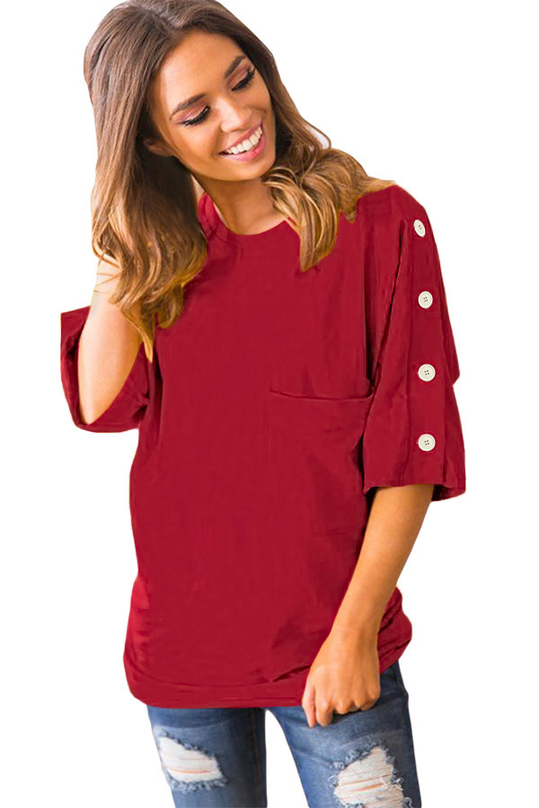 Wine Button up Shift Top with Pocket
