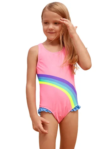 Cute Rainbow Trim Pink Baby Girls One Piece Swimsuit
