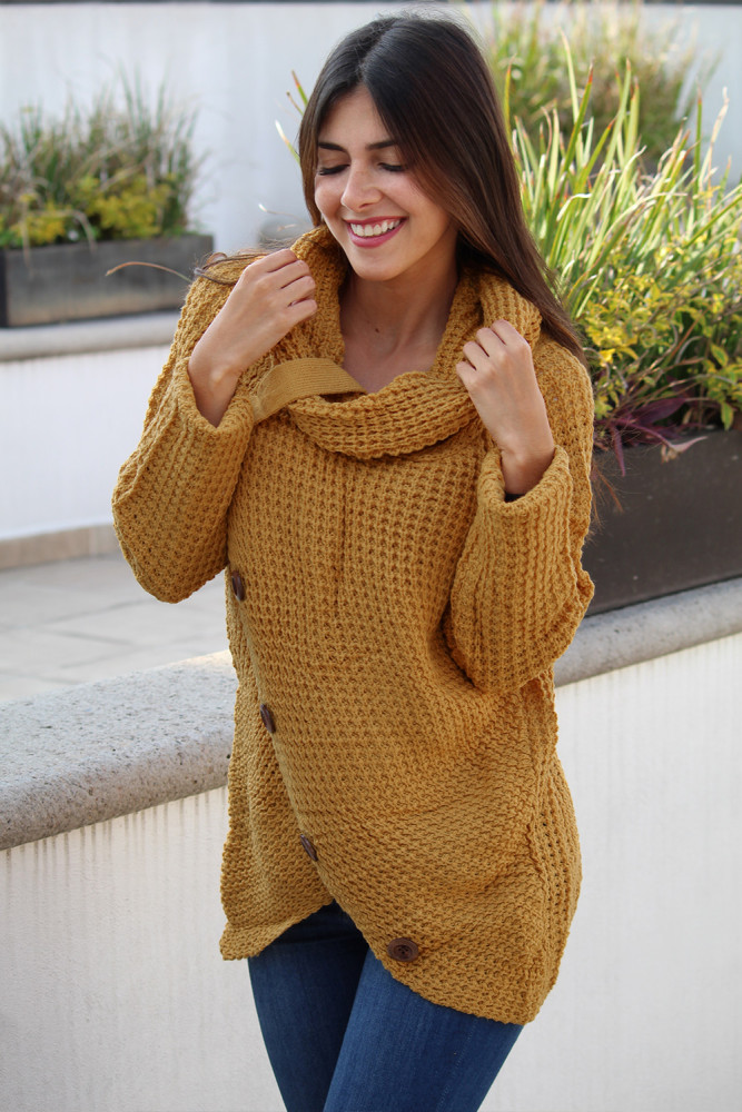 Mustard Buttoned Wrap Turtleneck Sweater