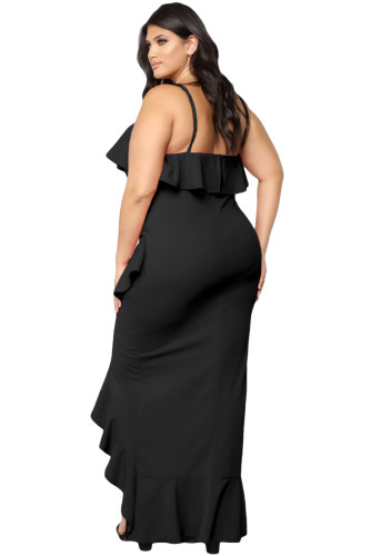 Black Plus Size Ruffle Trim Spaghetti Straps Maxi Dress
