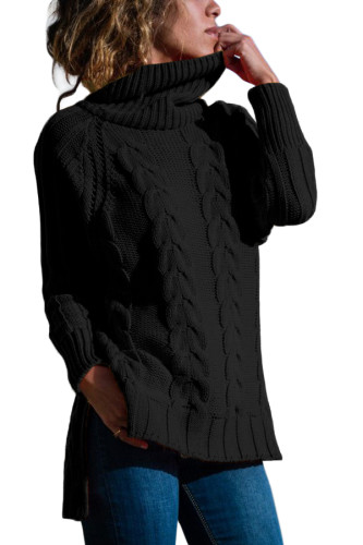 Black Turtle Neck Long Tail Cable Sweater