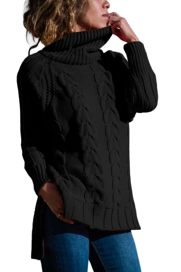Black Turtle Neck Long Tail Cable Sweater