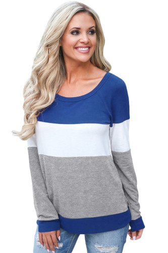 Blue White Gray Colorblock Long Sleeve Top