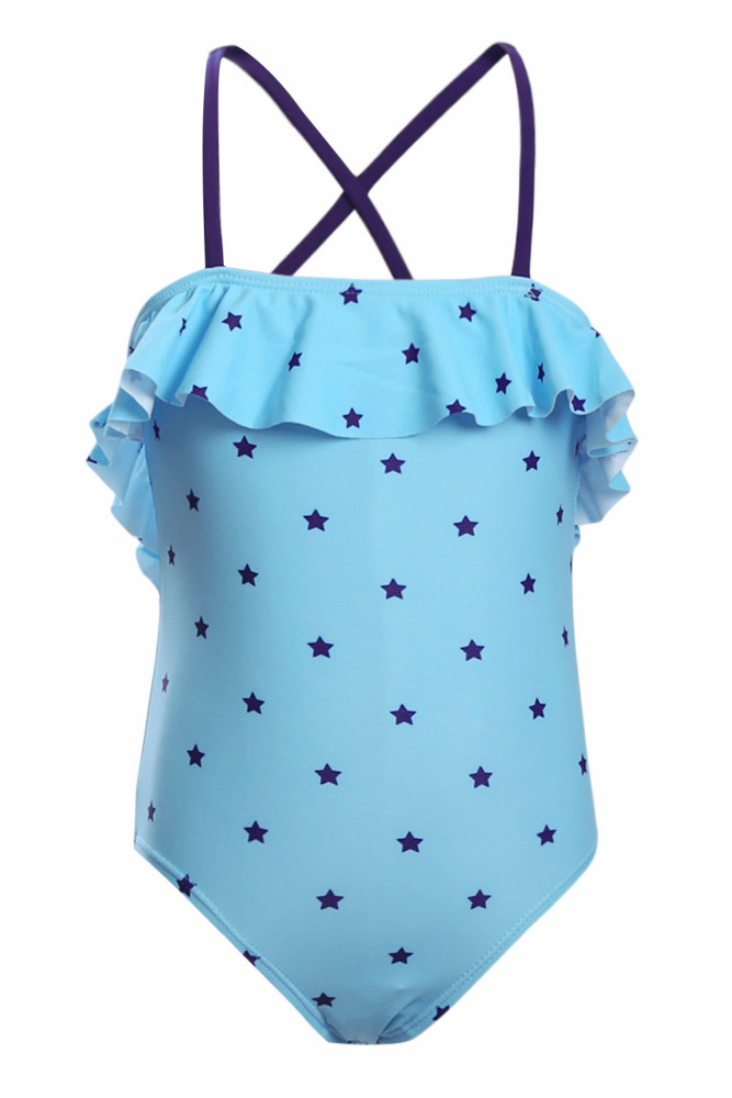 Little Stars Print Turquoise Little Girls Maillot