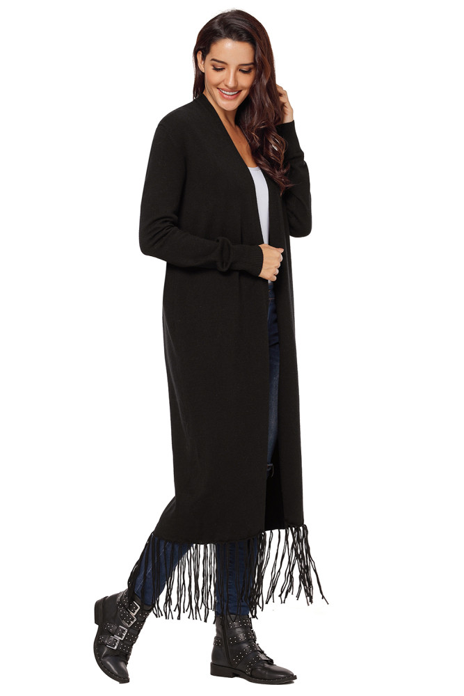 Black Fringe Hemline Longline Knitted Cardigan