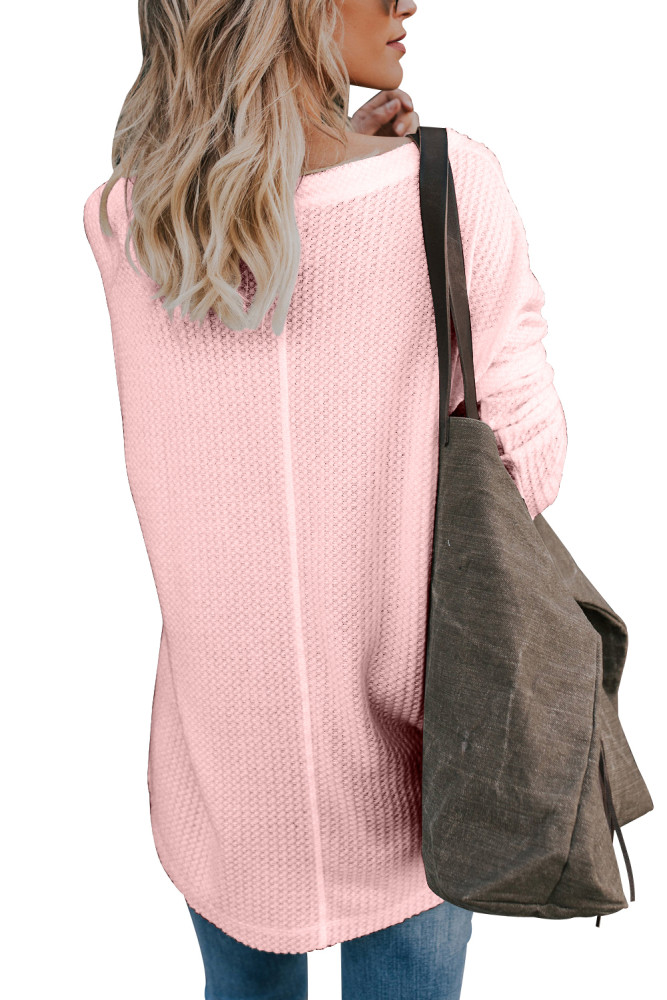 Pink Waffle Knit Button Front Blouse