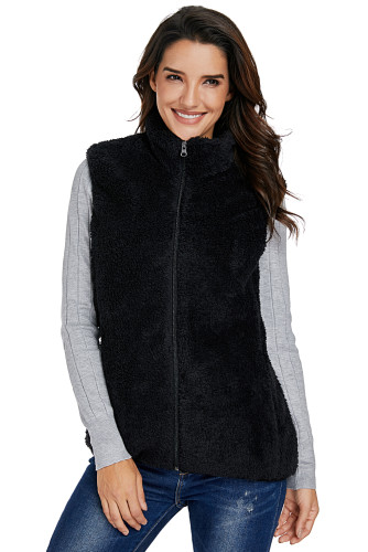 Black Furry High Neck Vest Jacket