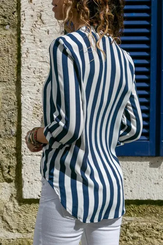 Blue White Stripe Long Sleeve V Neck Shirt