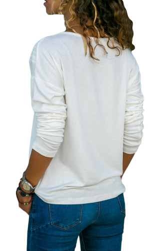White Long Sleeve V Neck Casual Top