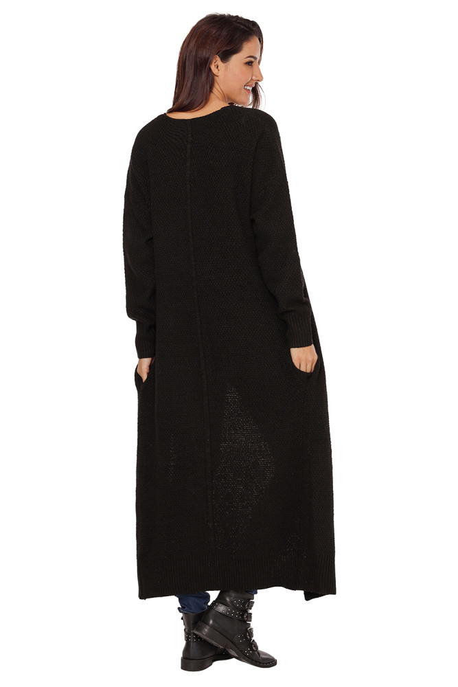 Black Open Front Knit Long Cardigan