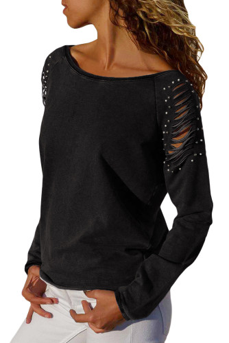 Black Ribbed Slash Pearl Detail Long Sleeve Top