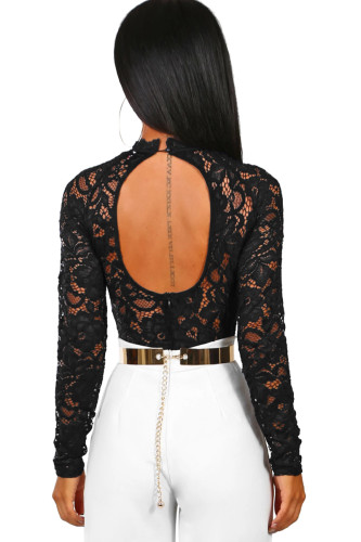 Black Cutout Back Floral Lace Long Sleeve Bodysuit