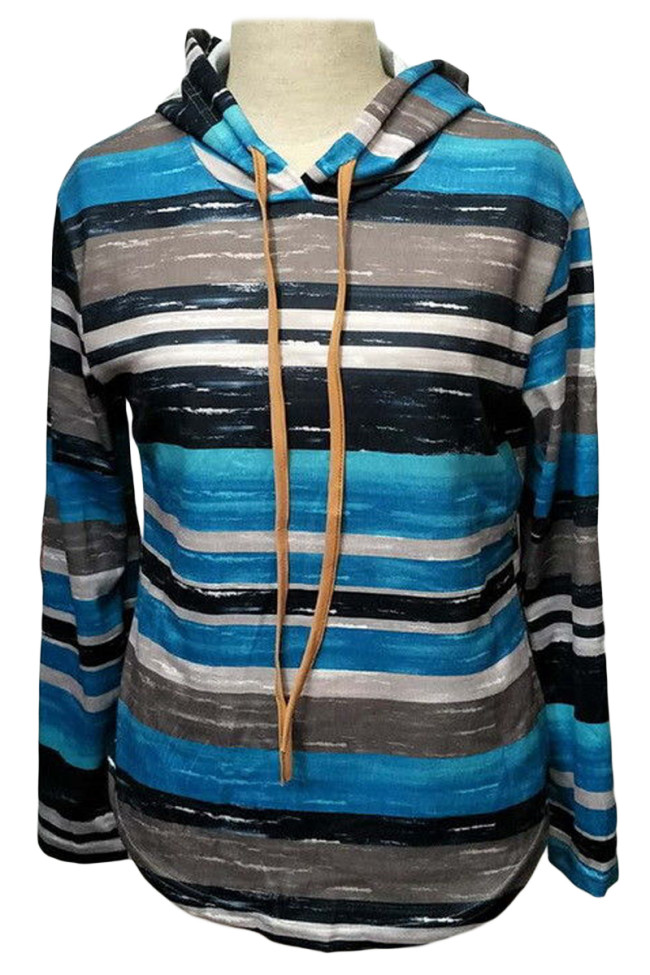 Blue Striped Drawstring Hoodie