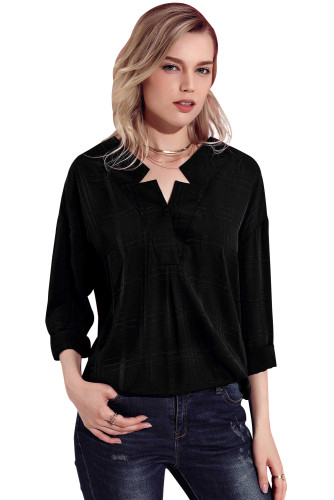 Black Crepe Plaid Notched Neckline Blouse