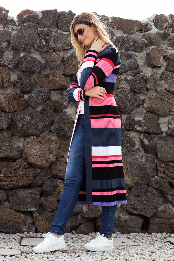 Multicolor Striped Colorblock Open Front Long Cardigan