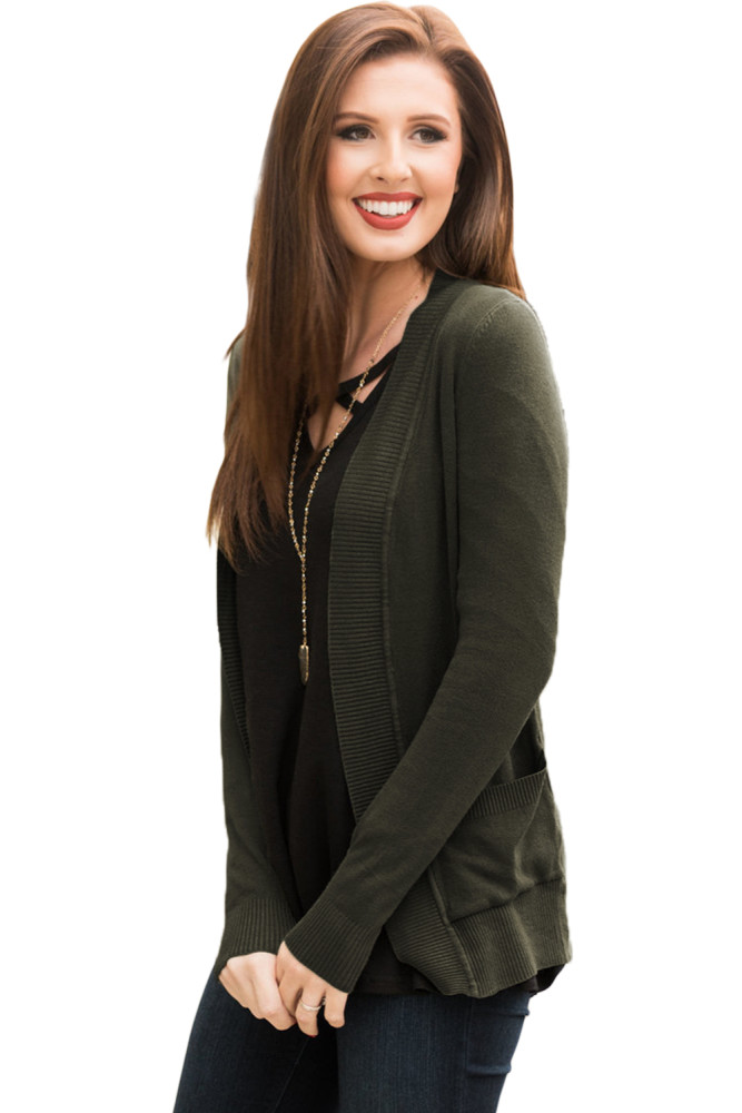 Green Knit Long Sleeve Cardigan Top with Pockets
