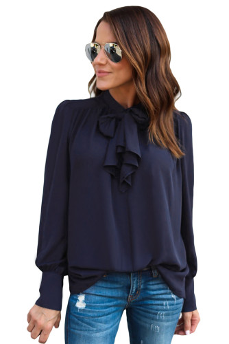 Navy Blue Demure Tie Neck Blouse for Women