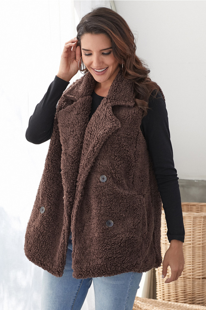 Button Detail Brown Lambswool Vest Jacket