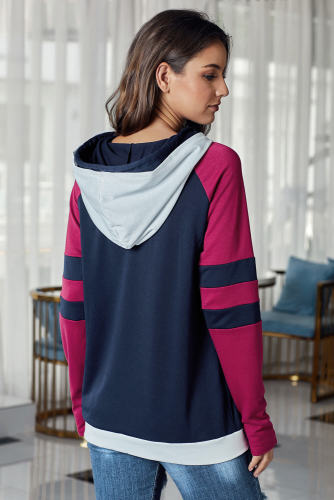 Navy Varsity Striped Sleeves Double Hooded Sweatshirt