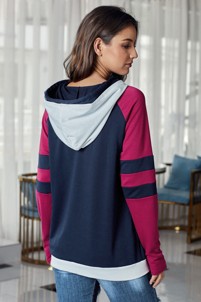 Navy Varsity Striped Sleeves Double Hooded Sweatshirt