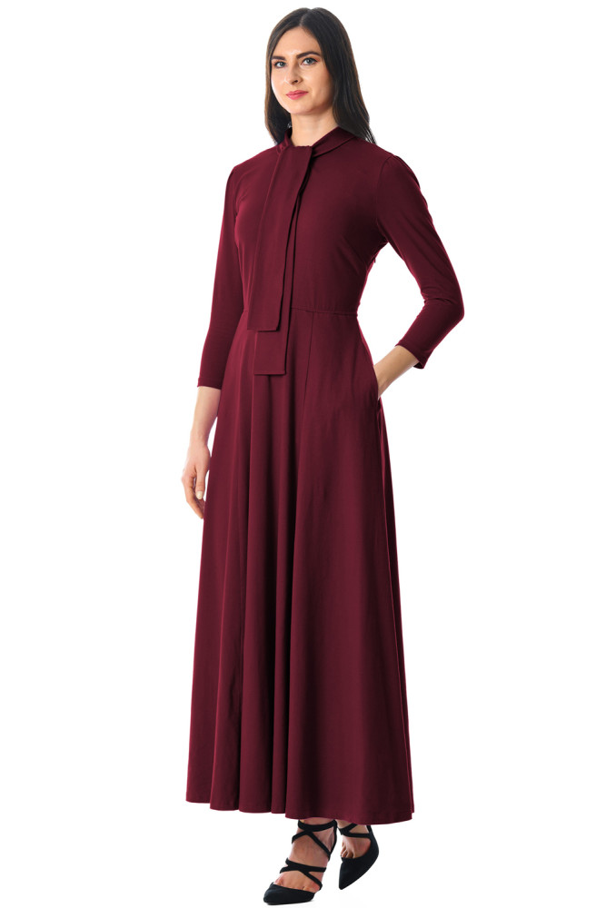 Burgundy Pocketed 3/4 Sleeves Tie Neck Maxi Dress
