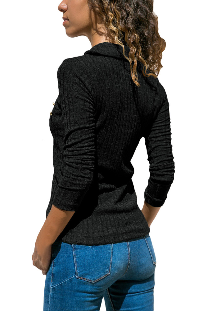 Black Ribbed Knit Turn Down Collar Top